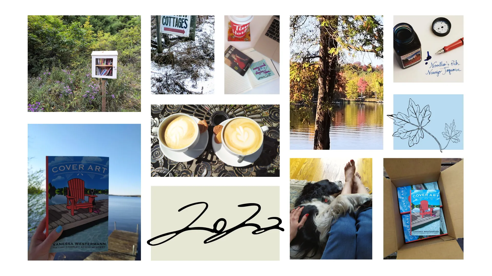 books, coffee, spaniel, lake, little lending library