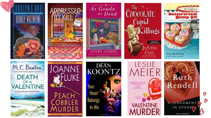 Covers of 10 Valentine's Day themed mysteries